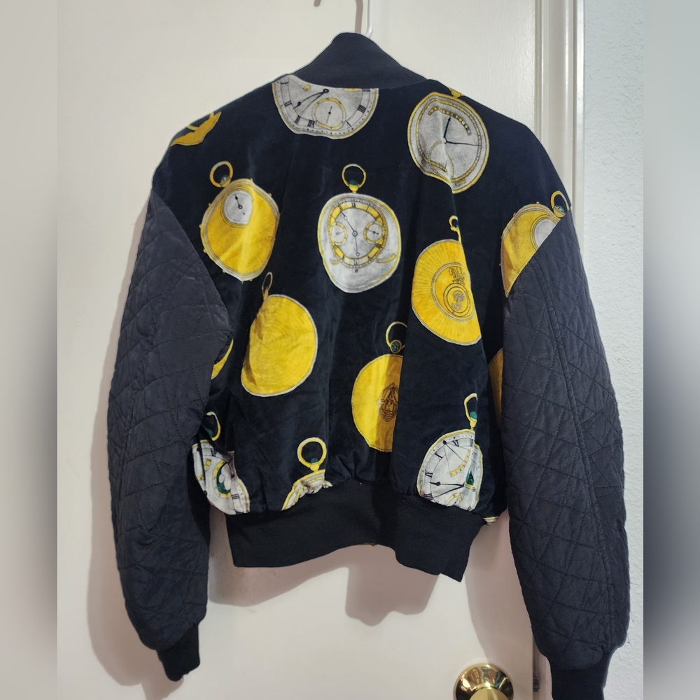 Escada Margaretha Ley Women Jacket M Vintage Velour Bomber Watch Print Black - Picture 2 of 11